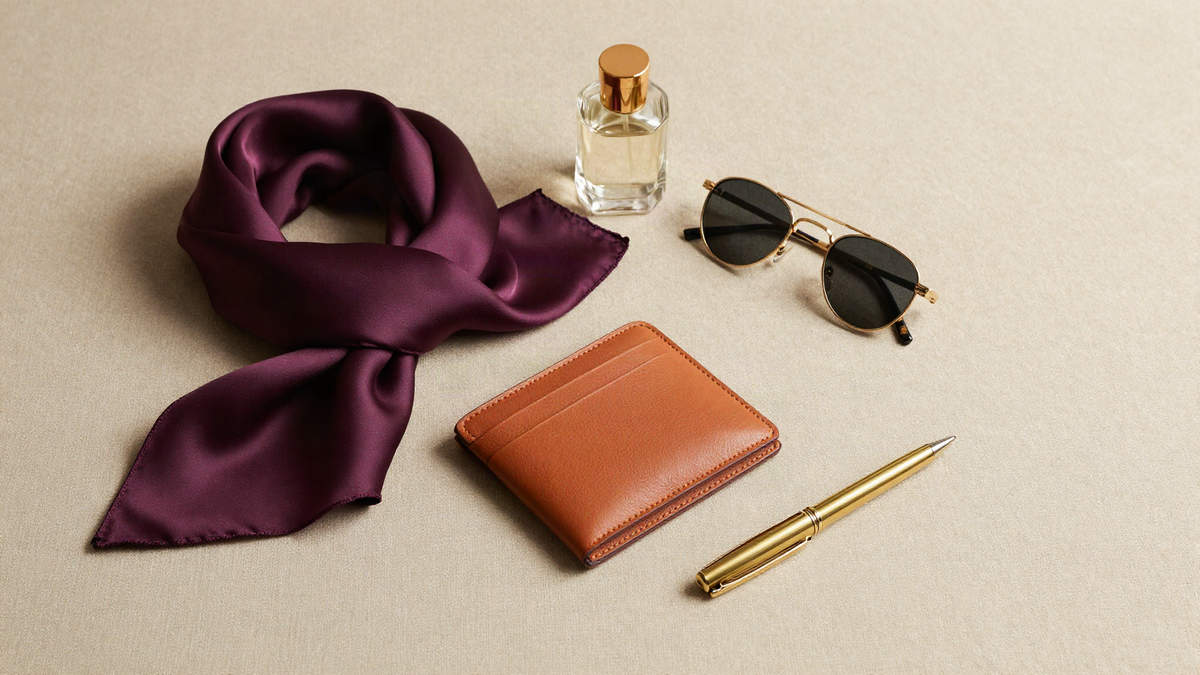 Quiet luxury accessories flat lay